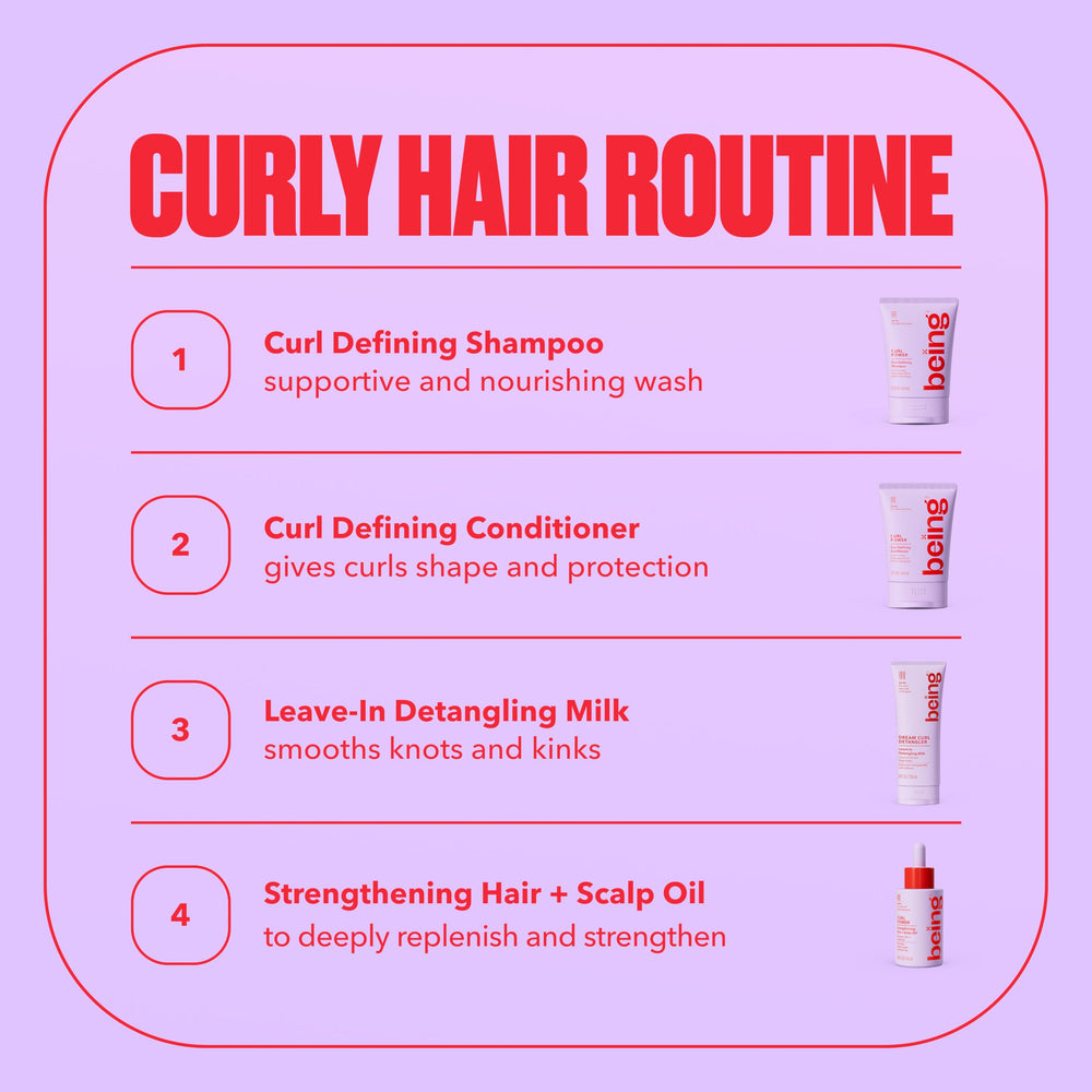BEING INC being DREAM CURL bottle on a bathroom shelf in a styled setting suggesting daily use