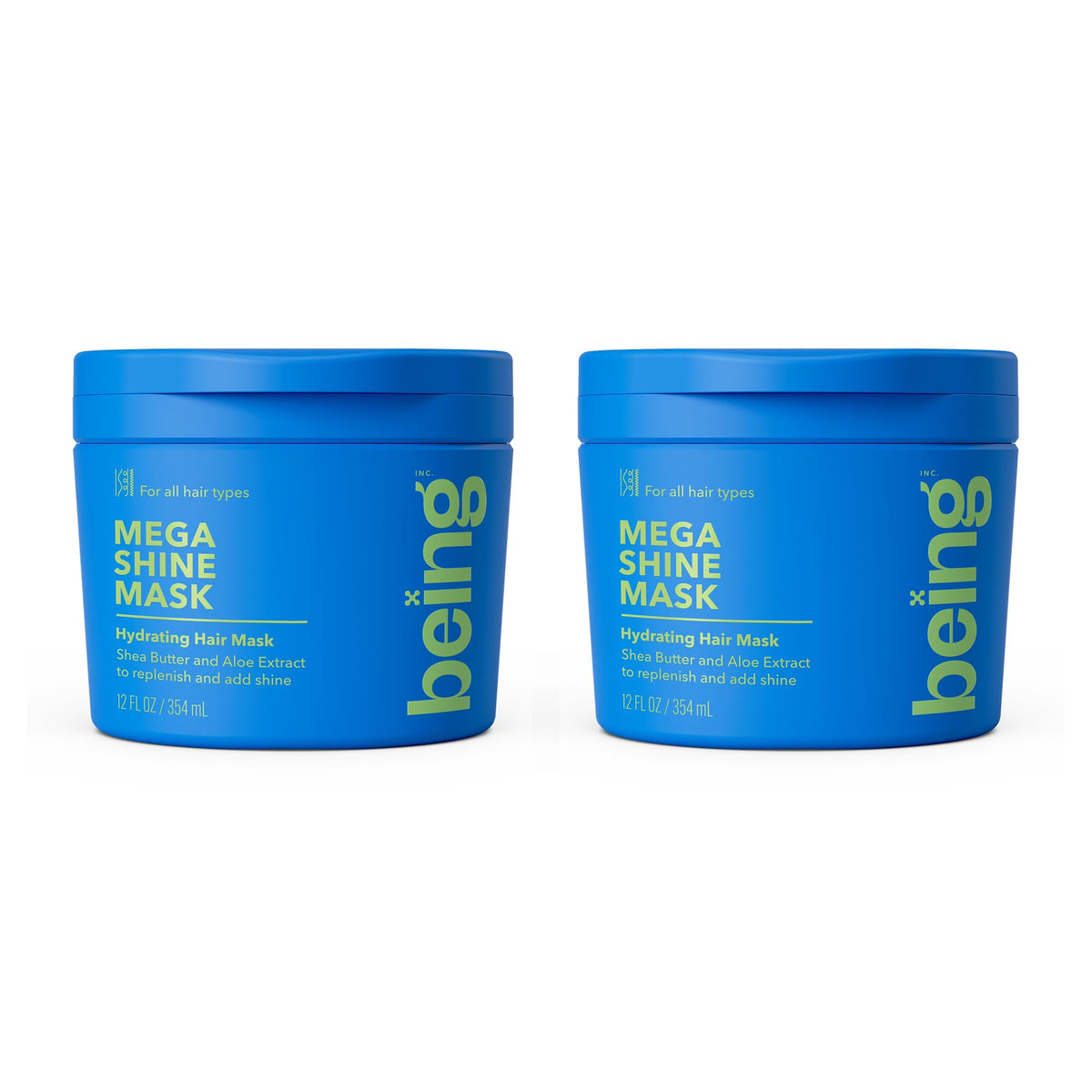 BEING INC front view of two MEGA SHINE jars, shows packaging and value