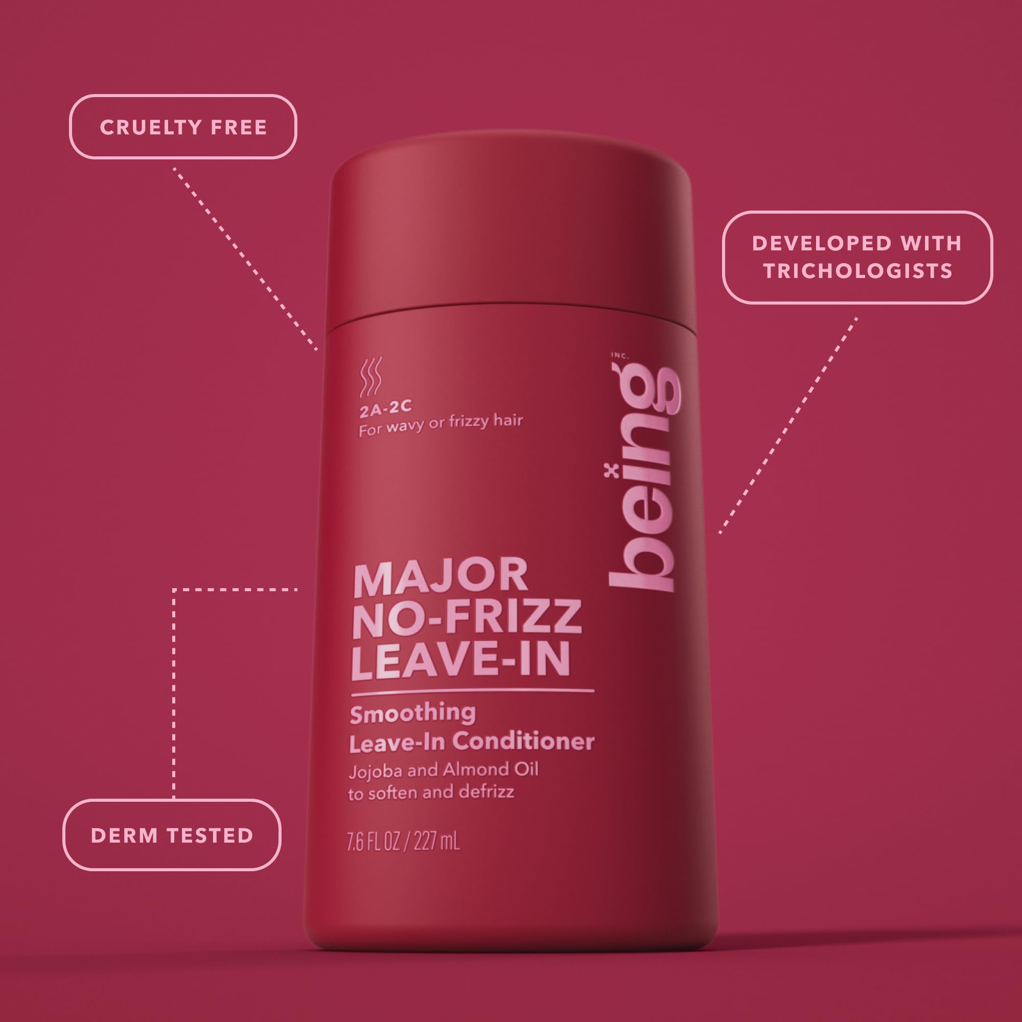 BEING INC product being applied to damp wavy hair to reduce frizz