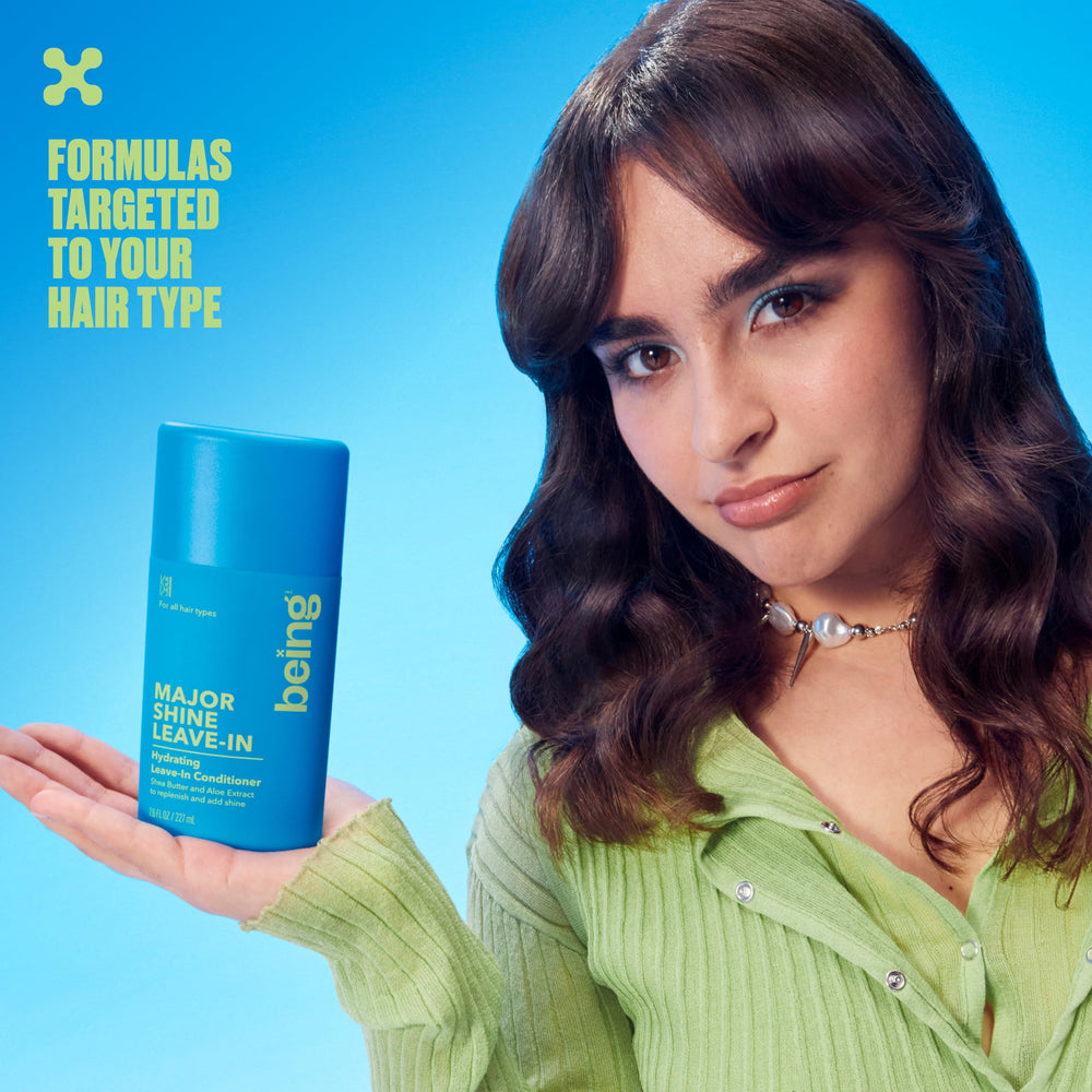 BEING INC applied to dry hair showing frizz control and added shine benefit