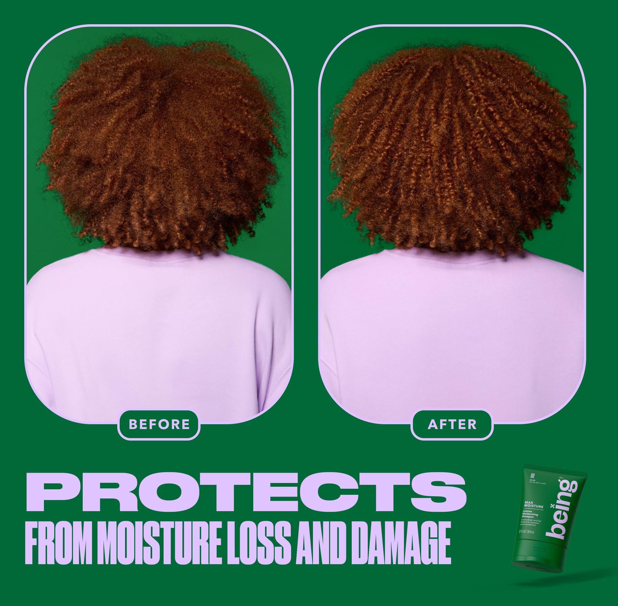 BEING INC lifestyle image of defined curly hair after use showing improved softness