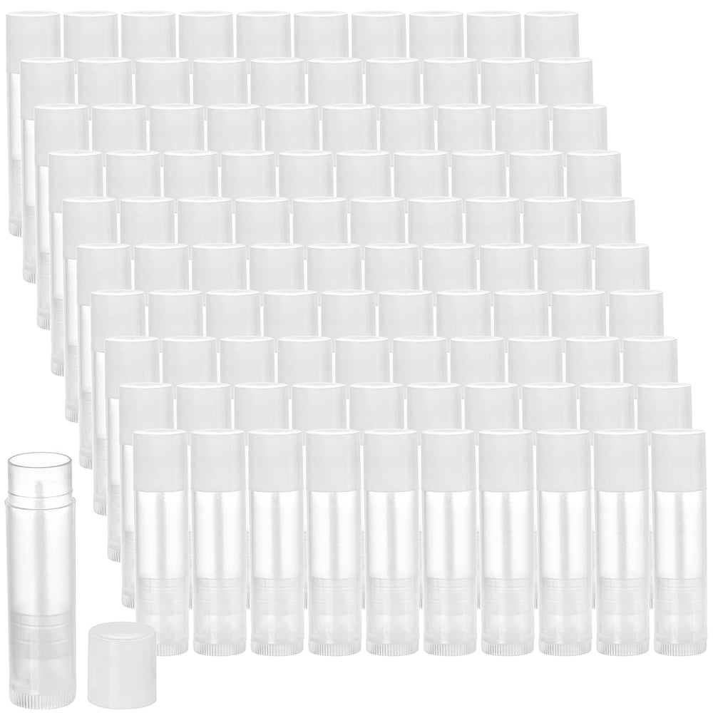Bekith front view of 100 clear lip balm tubes shows tidy pack and benefit of bulk supply