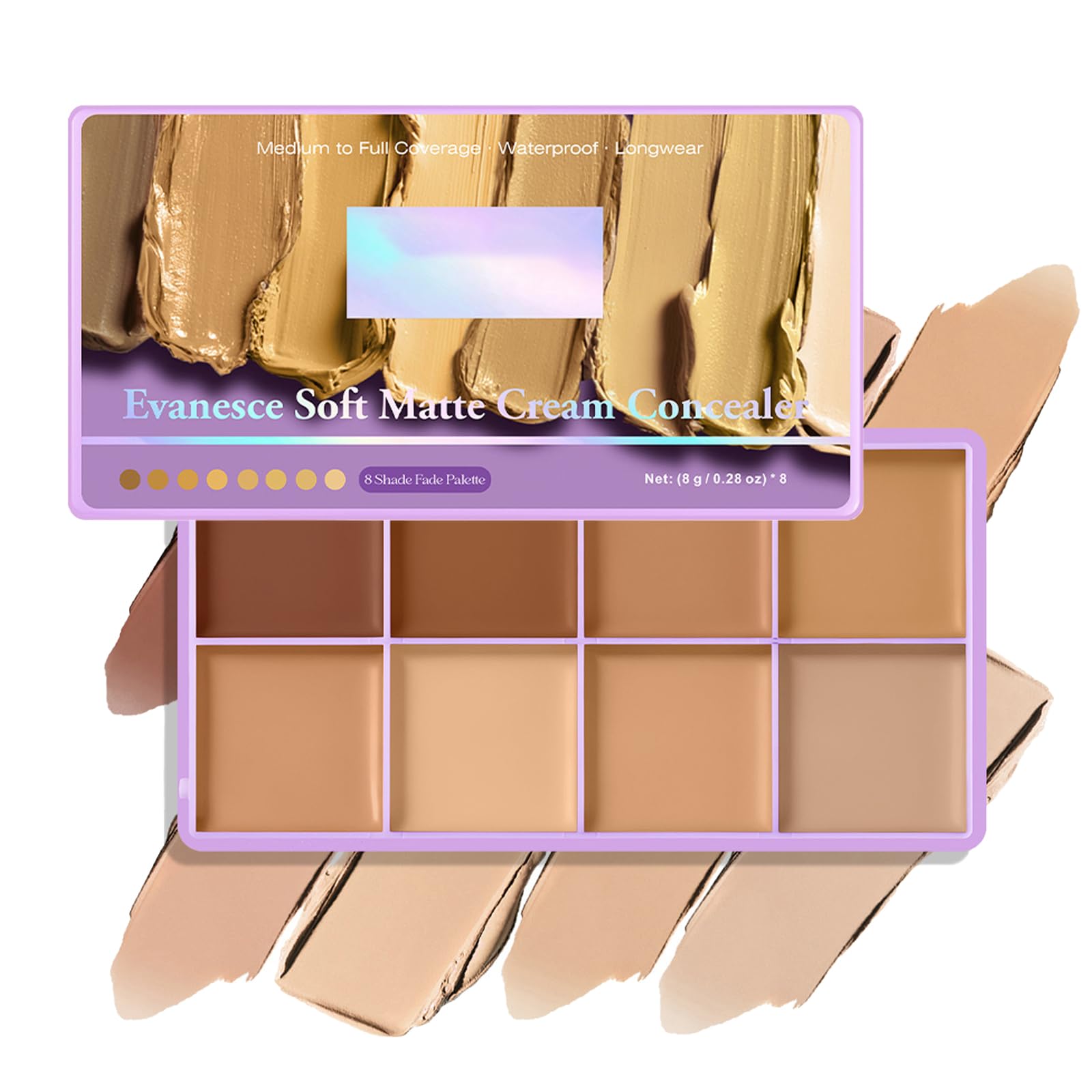 Bekoeen palette open top view showing eight cream shades and portability benefit