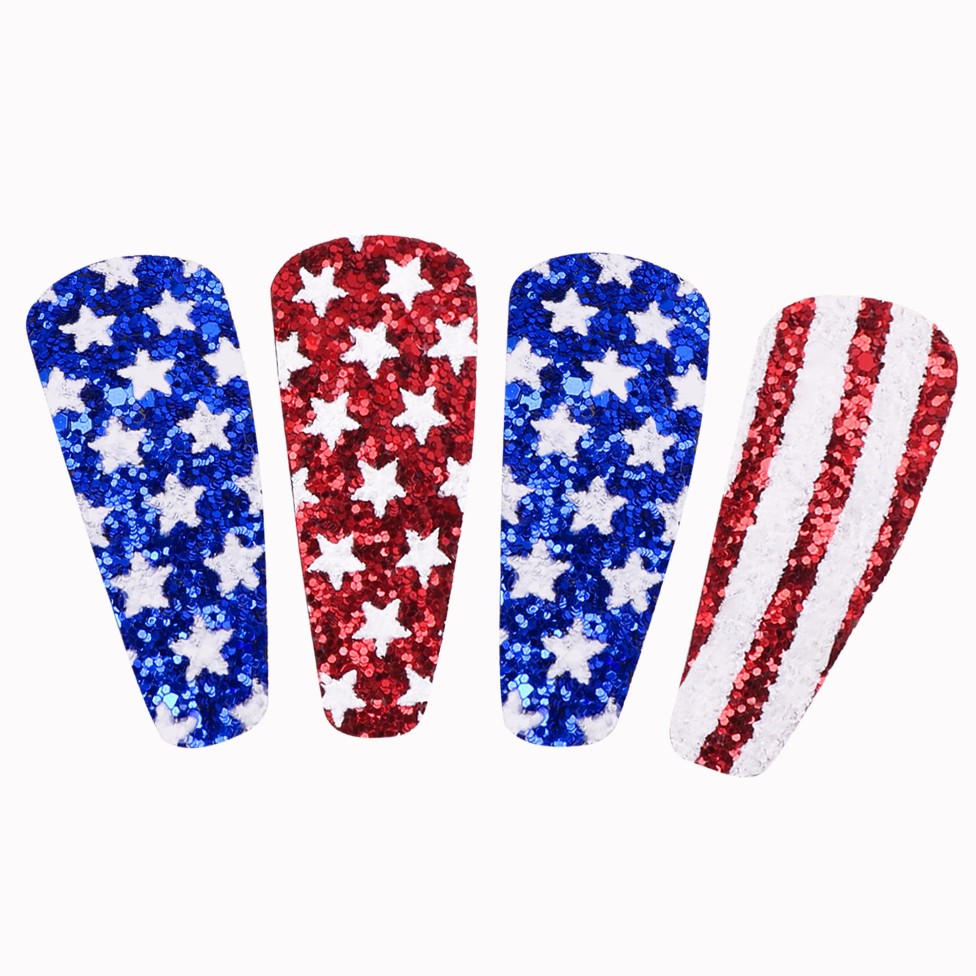 Beleki front view of four patriotic snap clips showing red white blue design and festive appeal