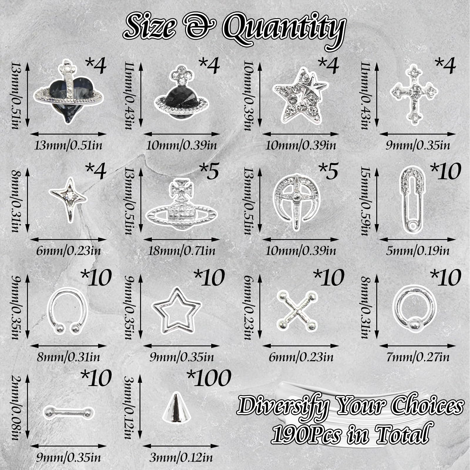BELICEY close-up of star, cross and planet charms highlighting shapes and finish