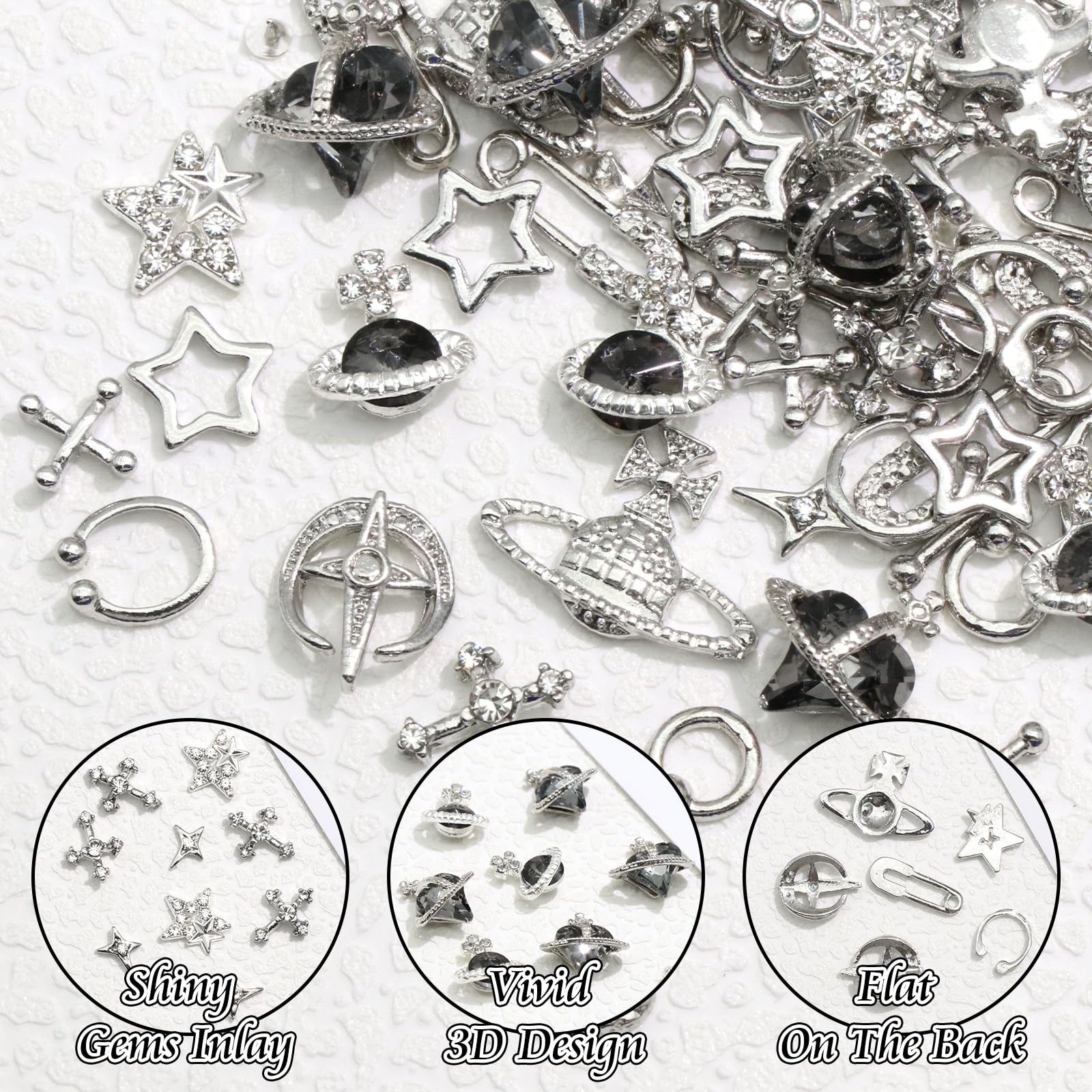 BELICEY detailed view of rhinestone-set rivet and cone charms showing sparkle