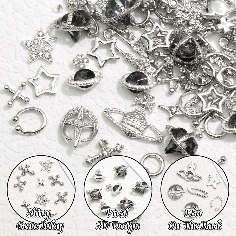 BELICEY detailed view of rhinestone-set rivet and cone charms showing sparkle