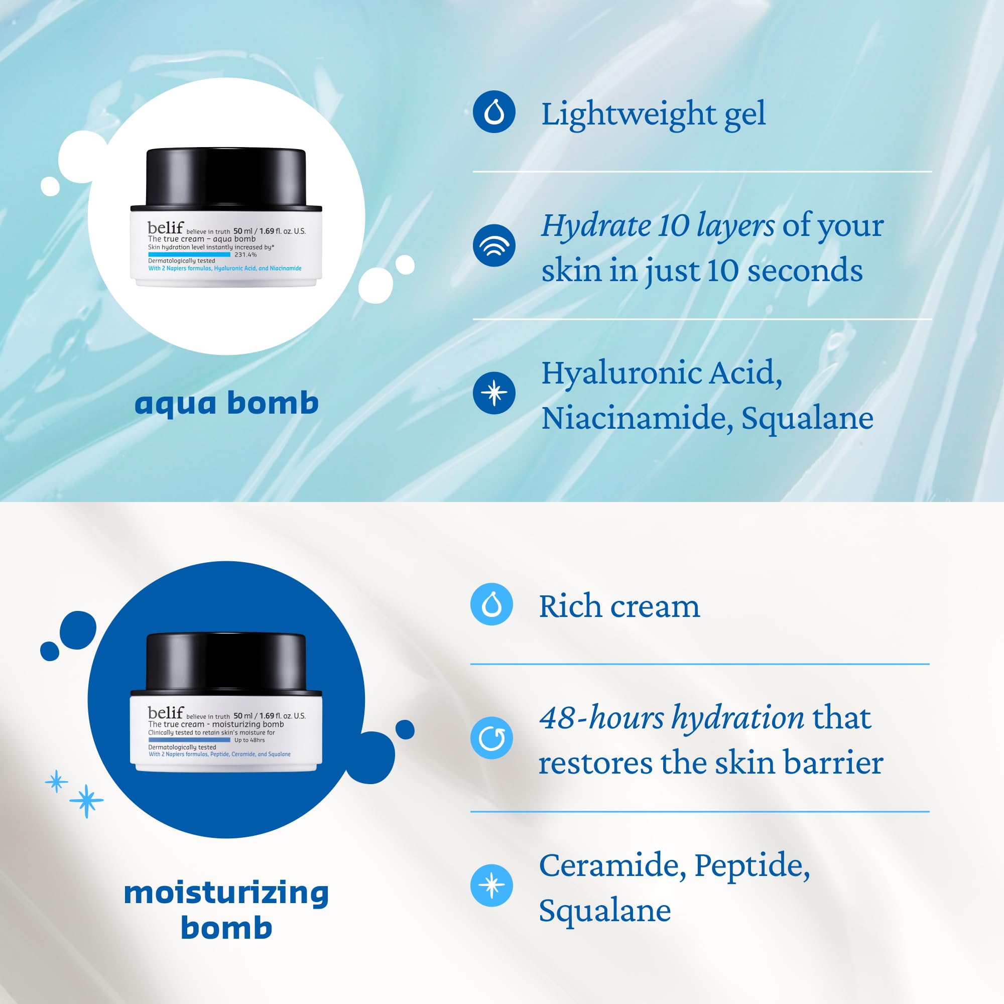 belif applying gel to face showing soothing hydration and non-greasy finish