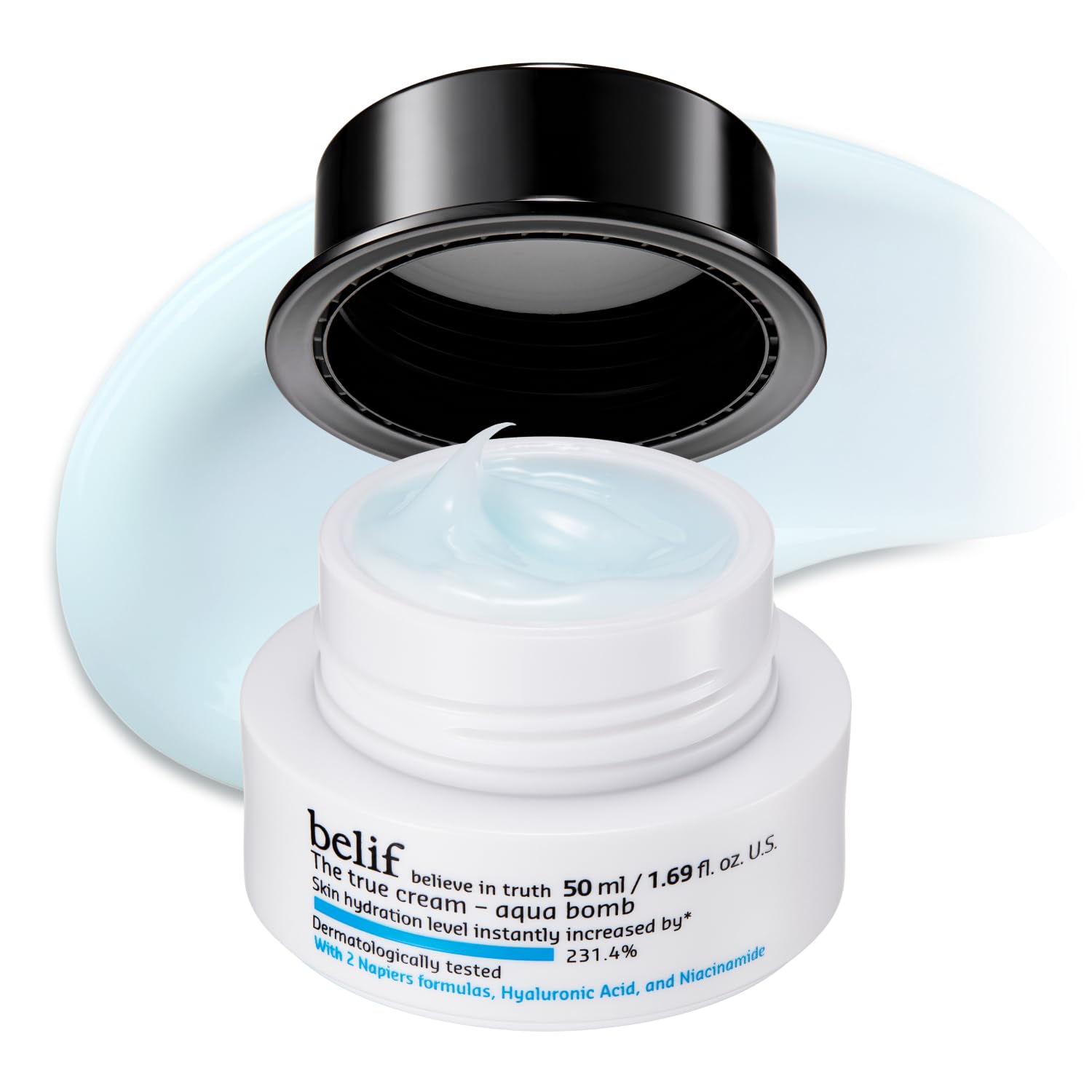 belif front jar shot showing Aqua Bomb packaging and hydration benefit