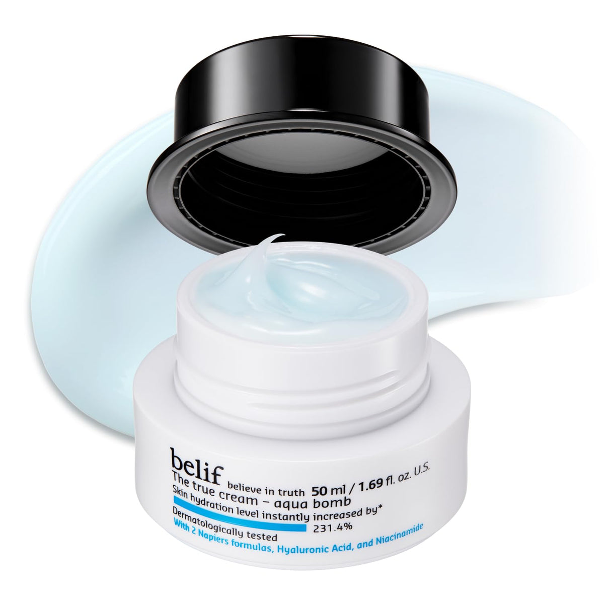 belif front jar shot showing Aqua Bomb packaging and hydration benefit