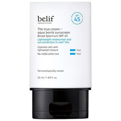belif front packaging showing the Aqua Bomb SPF 45 bottle and benefits