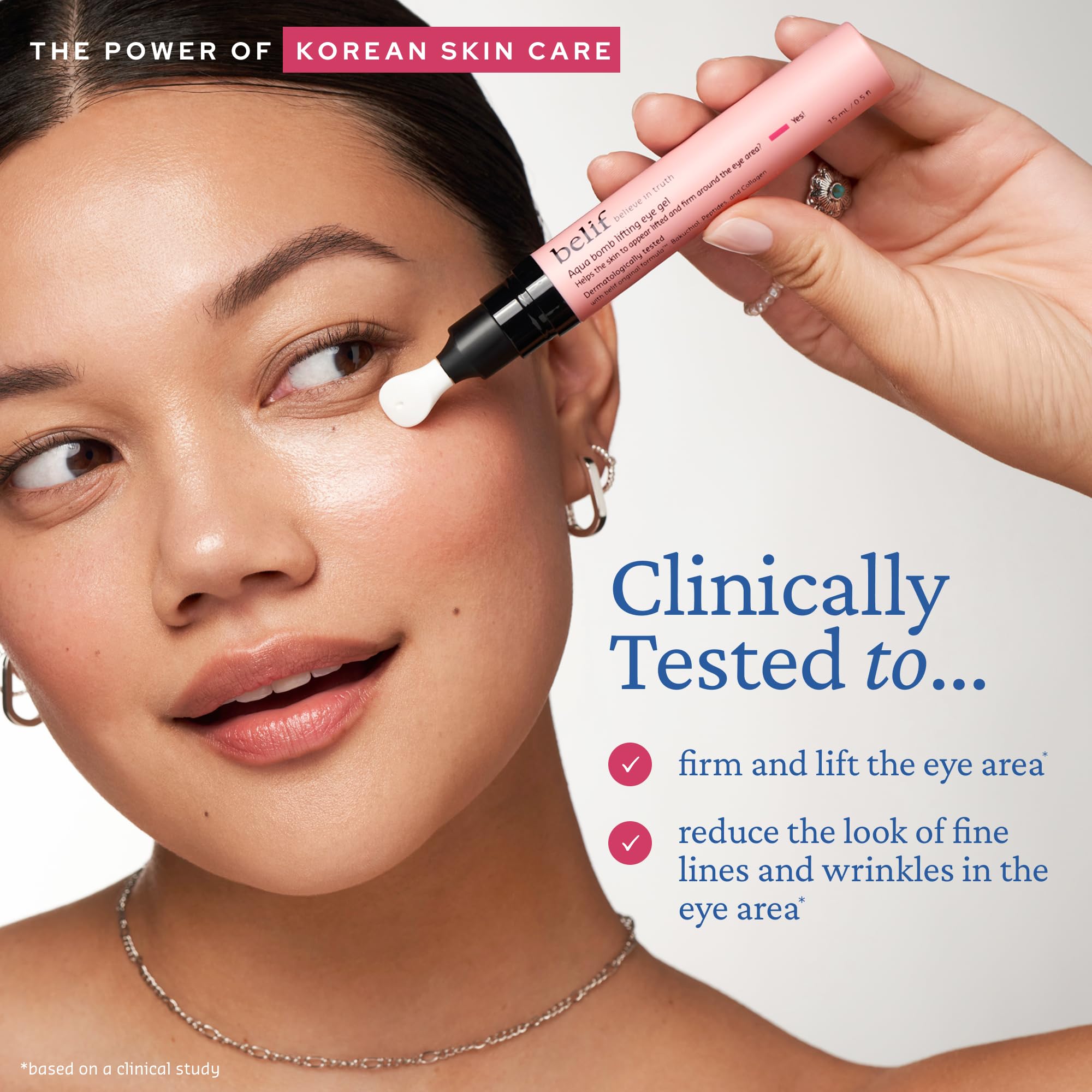 belif applying serum under eye with ceramic tip, soothes and smooths