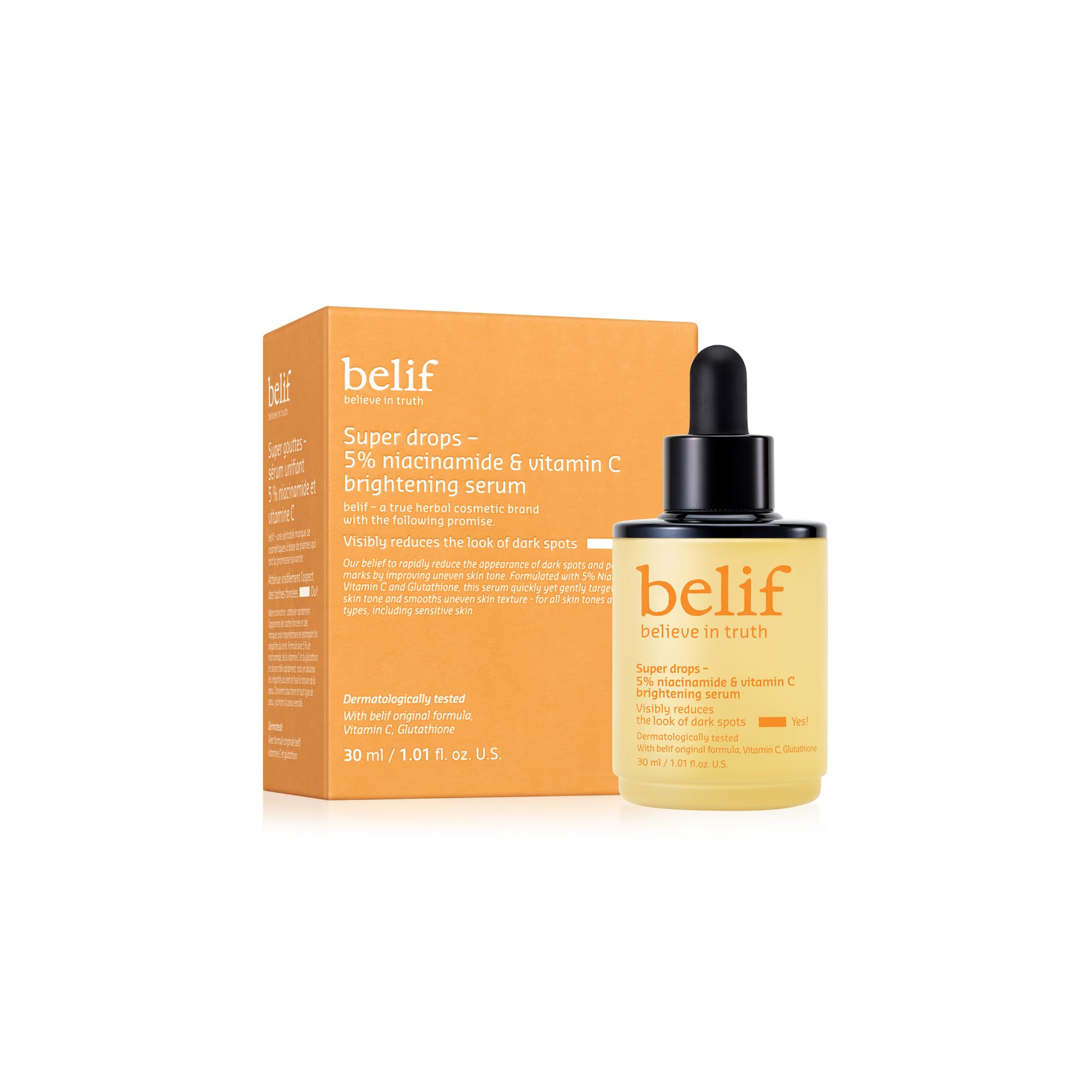 belif front bottle product shot showing label and sleek packaging for quick ID and trust
