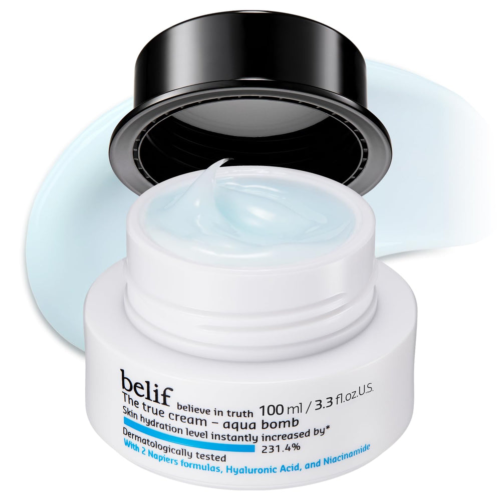 belif jar front view showing brand and fast-absorbing hydration benefit
