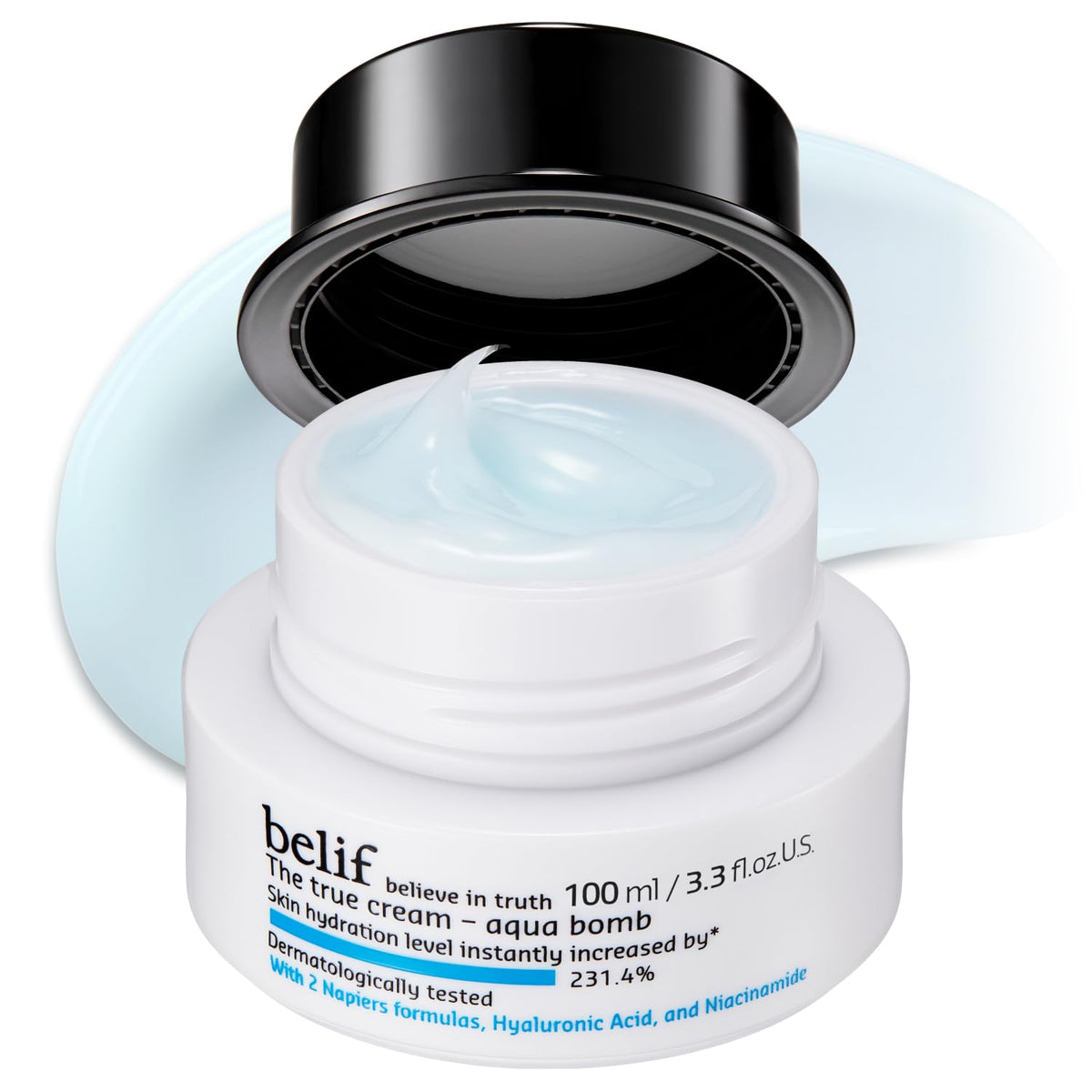 belif jar front view showing brand and fast-absorbing hydration benefit