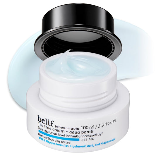 belif jar front view showing brand and fast-absorbing hydration benefit