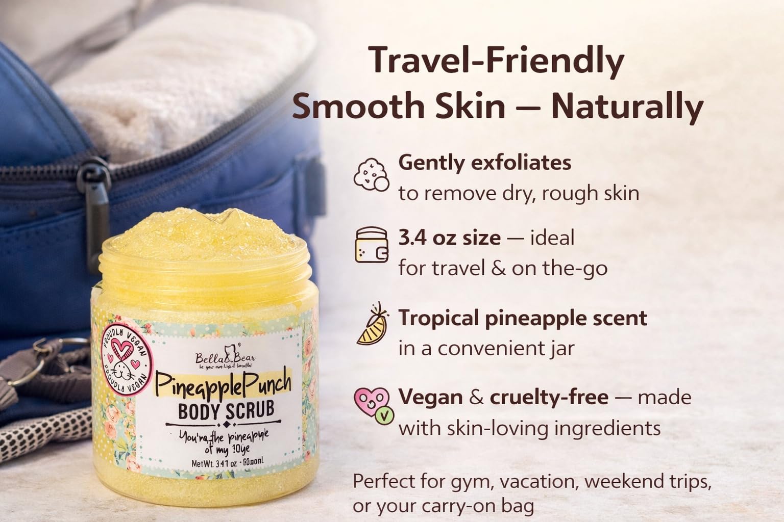 Bella and Bear open jar close-up of sugar scrub texture for gentle exfoliation