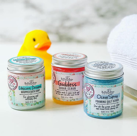 Bella & Bear open jar with whipped texture highlighting creamy lather for soft skin