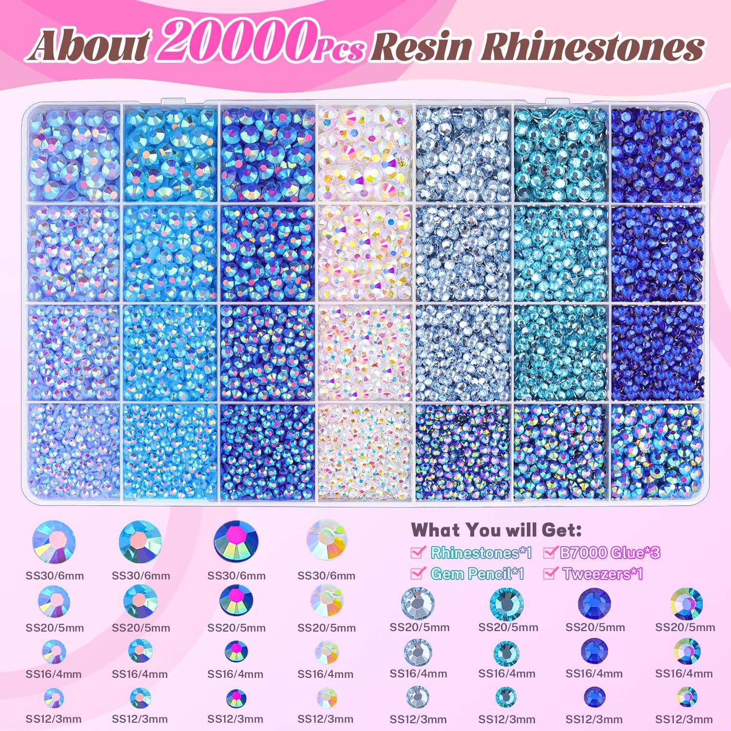 BELLEBOOST organized 28 compartments displaying assorted blue rhinestone sizes for fast selection