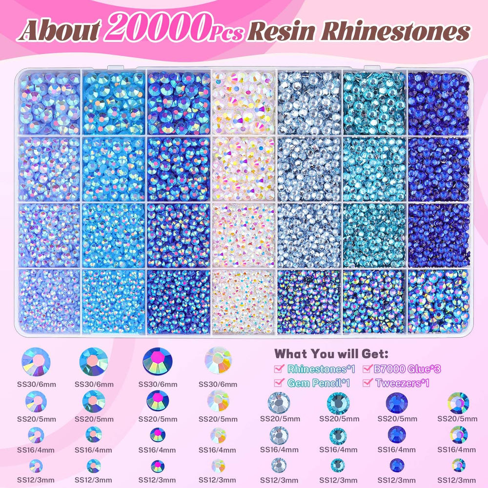 BELLEBOOST organized 28 compartments displaying assorted blue rhinestone sizes for fast selection