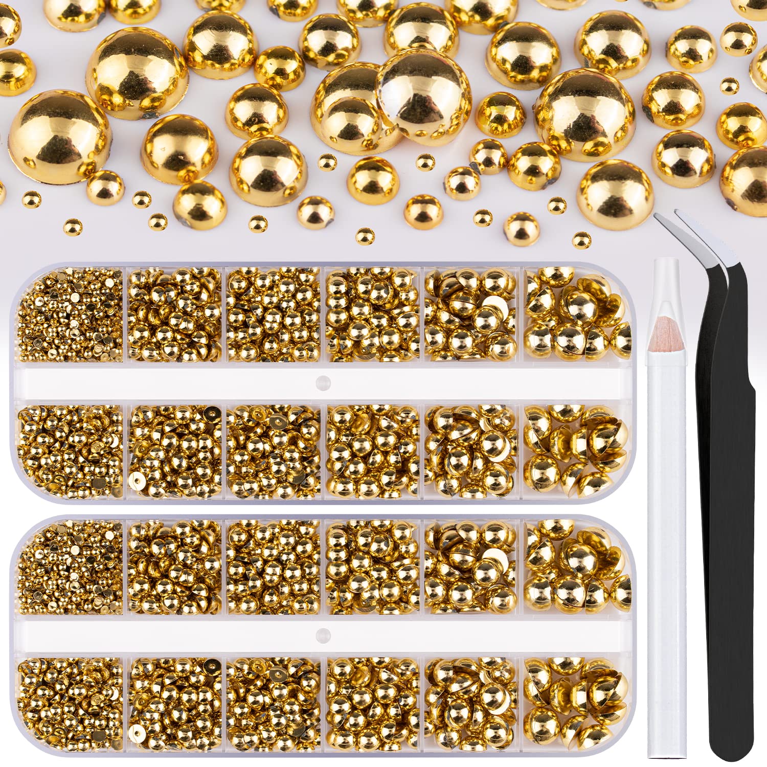 BELLEBOOST front view of two boxes showing organized gold pearls and lids for tidy storage
