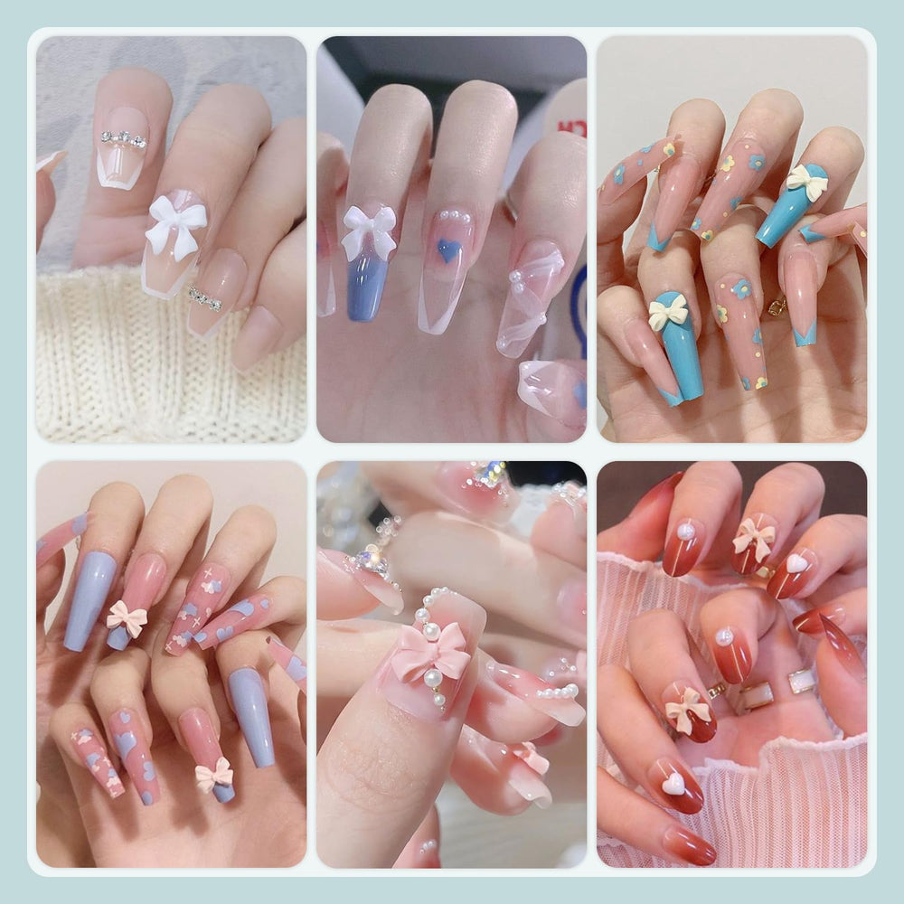 BELLEBOOST nails with bows and pearls in use showing finished salon-style result