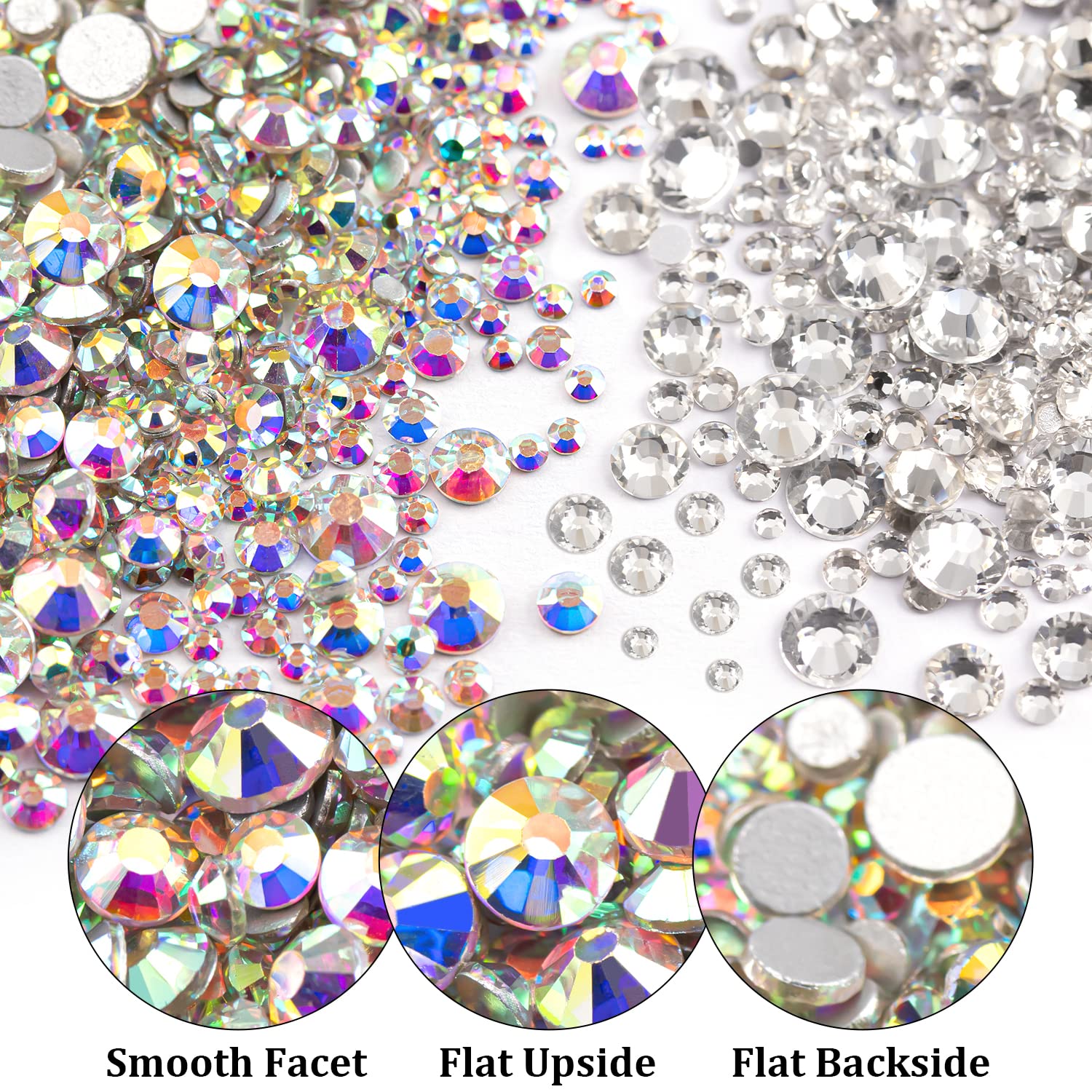 BELLEBOOST clear and AB rhinestone box top view, varied sizes for precise accents