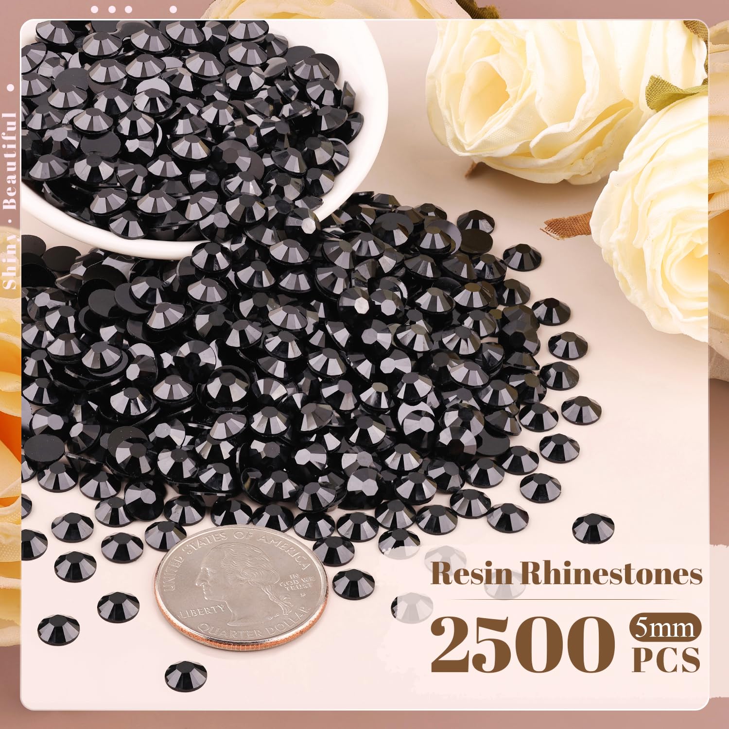 BELLEBOOST close-up of faceted black resin rhinestones highlighting reflective detail