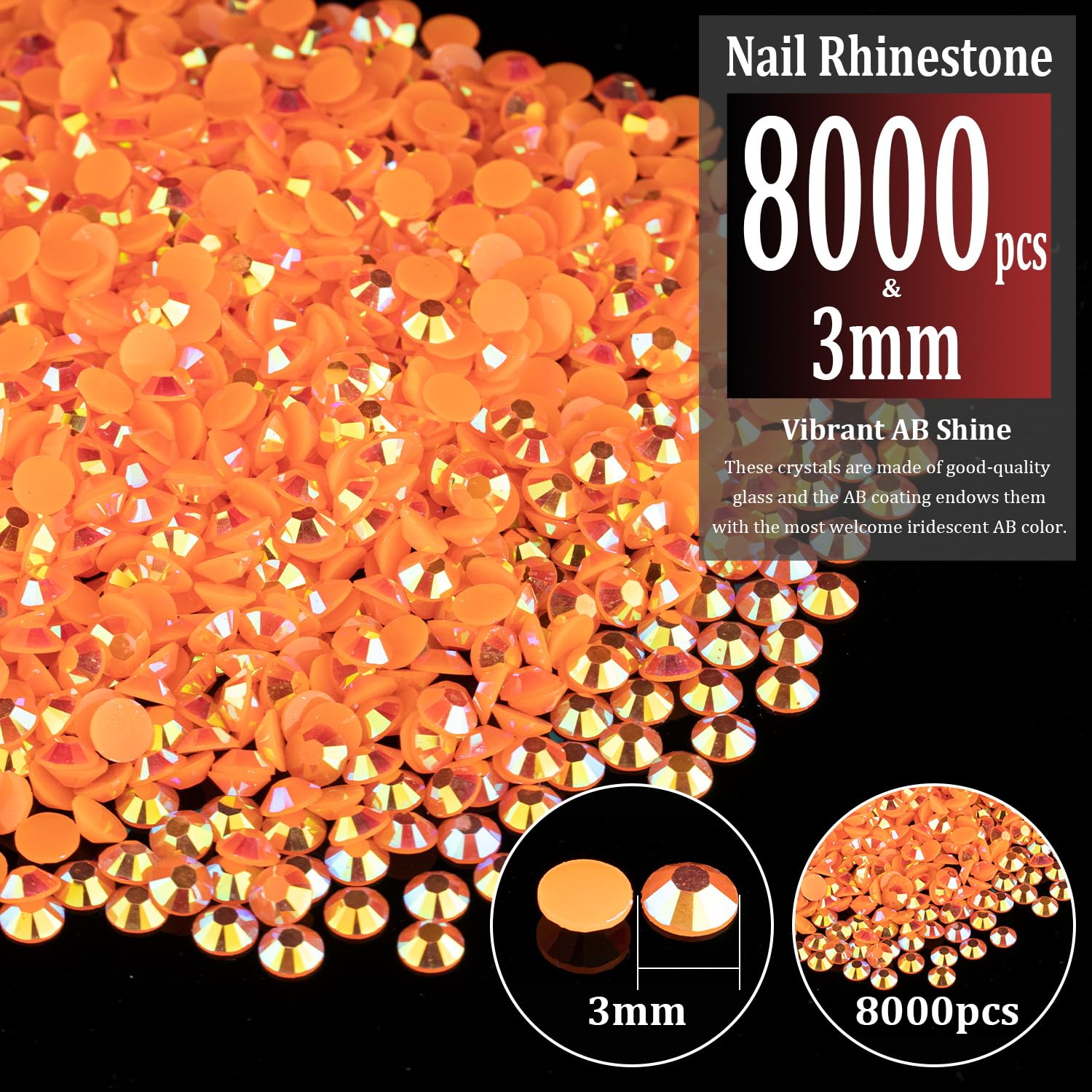 BELLEBOOST close-up of faceted 3mm orange AB resin gems revealing brilliant reflective sparkle