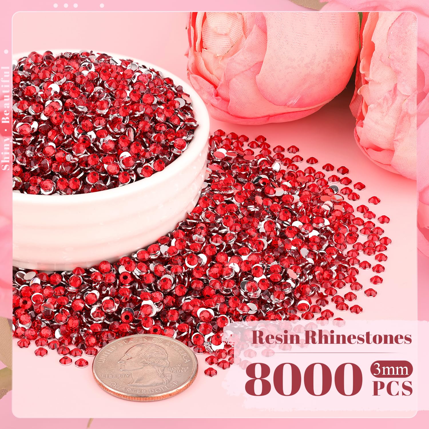 BELLEBOOST close-up of 3mm red rhinestone facets highlighting bright reflective sparkle