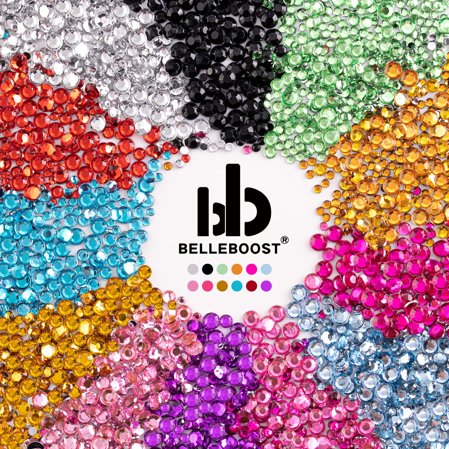 BELLEBOOST close-up of colorful flatback gems highlighting sparkle and variety