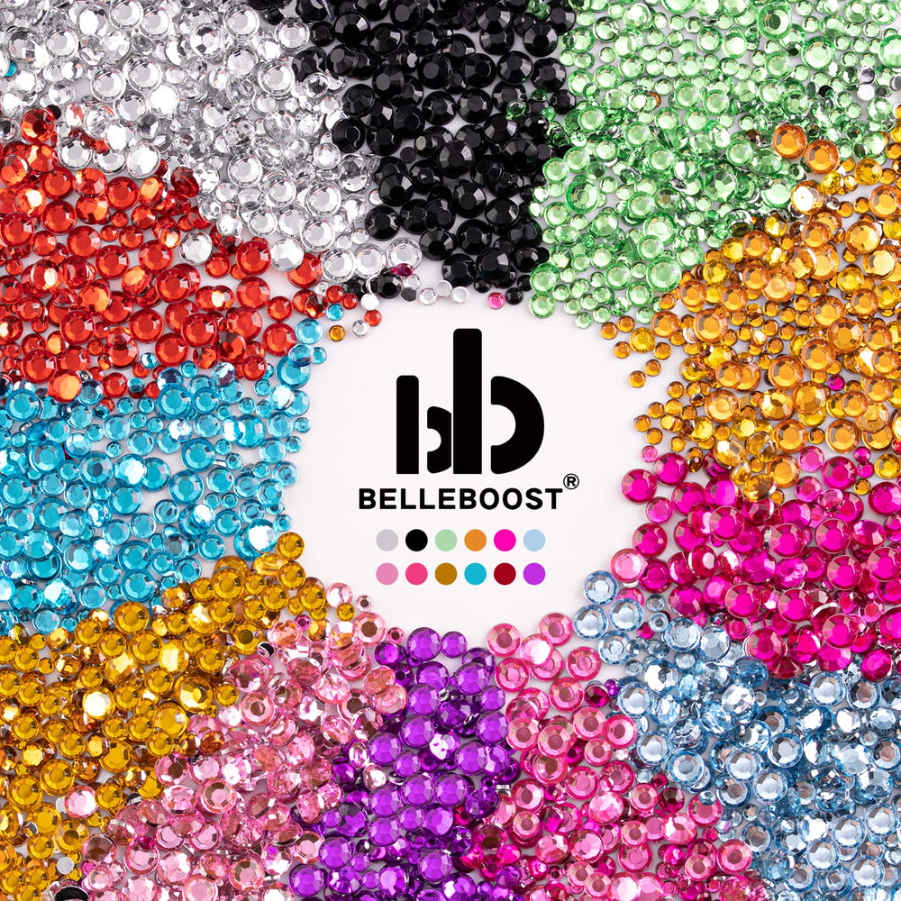 BELLEBOOST close-up of colorful flatback gems highlighting sparkle and variety