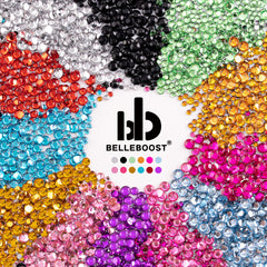 BELLEBOOST close-up of colorful flatback gems highlighting sparkle and variety