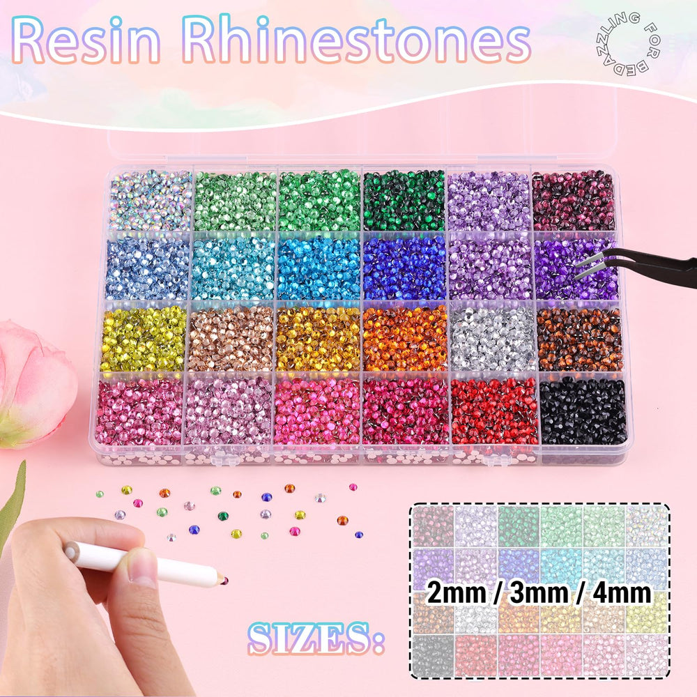 BELLEBOOST overhead view of compartments filled with multicolor rhinestones, easy selection benefit