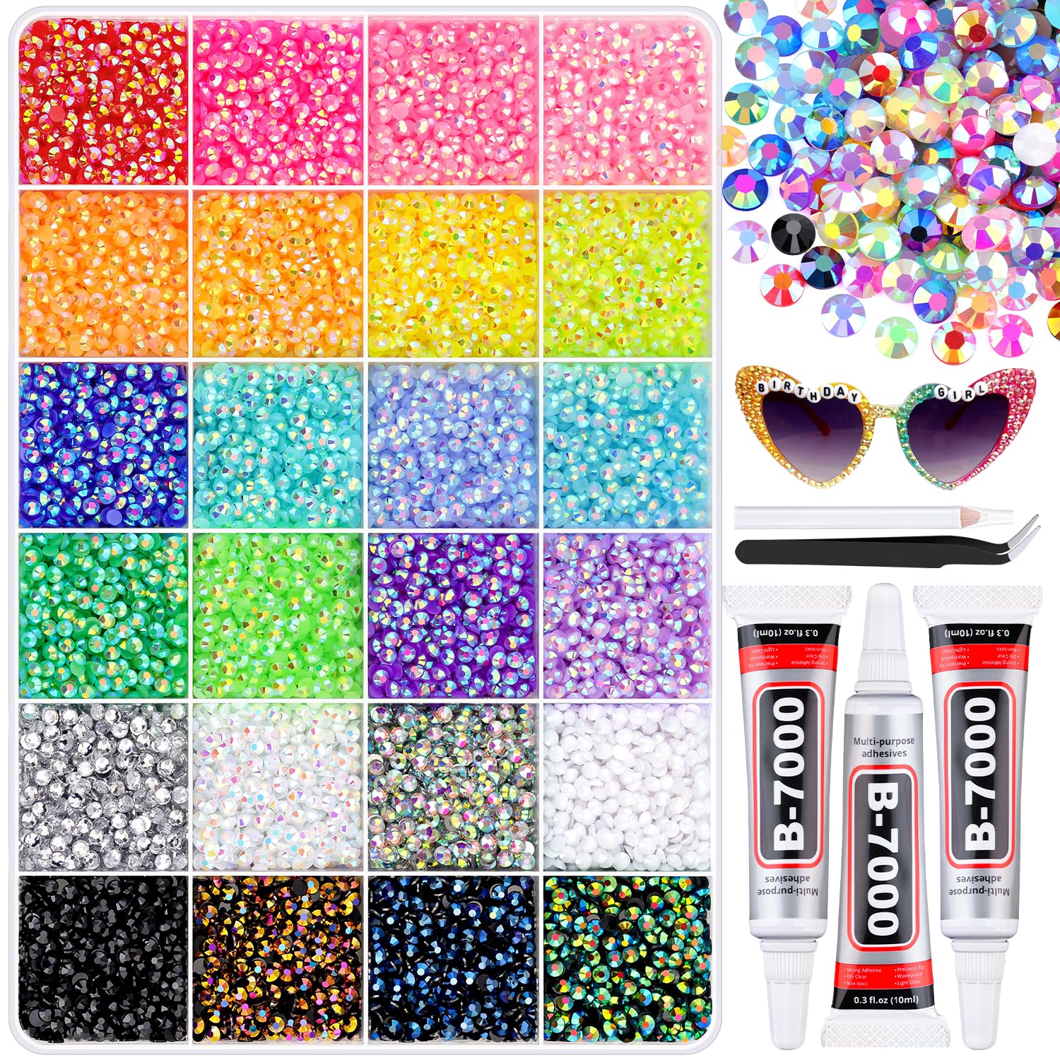 BELLEBOOST front box display showing organized rhinestones and tools for quick crafting