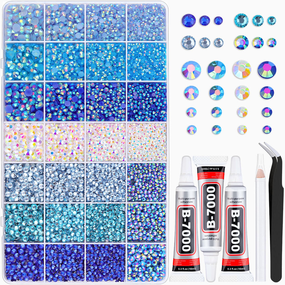 BELLEBOOST front packaging showing blue rhinestones and included glues for easy project starts