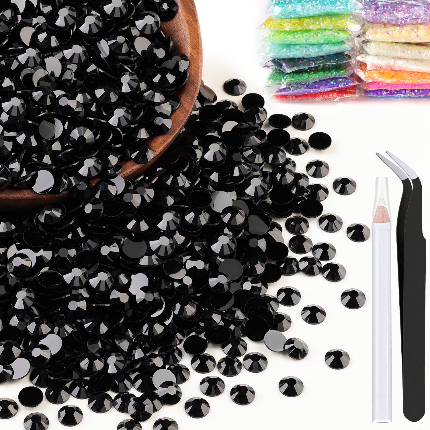 BELLEBOOST front packaging showing 2500 black resin rhinestones and tools for easy crafting