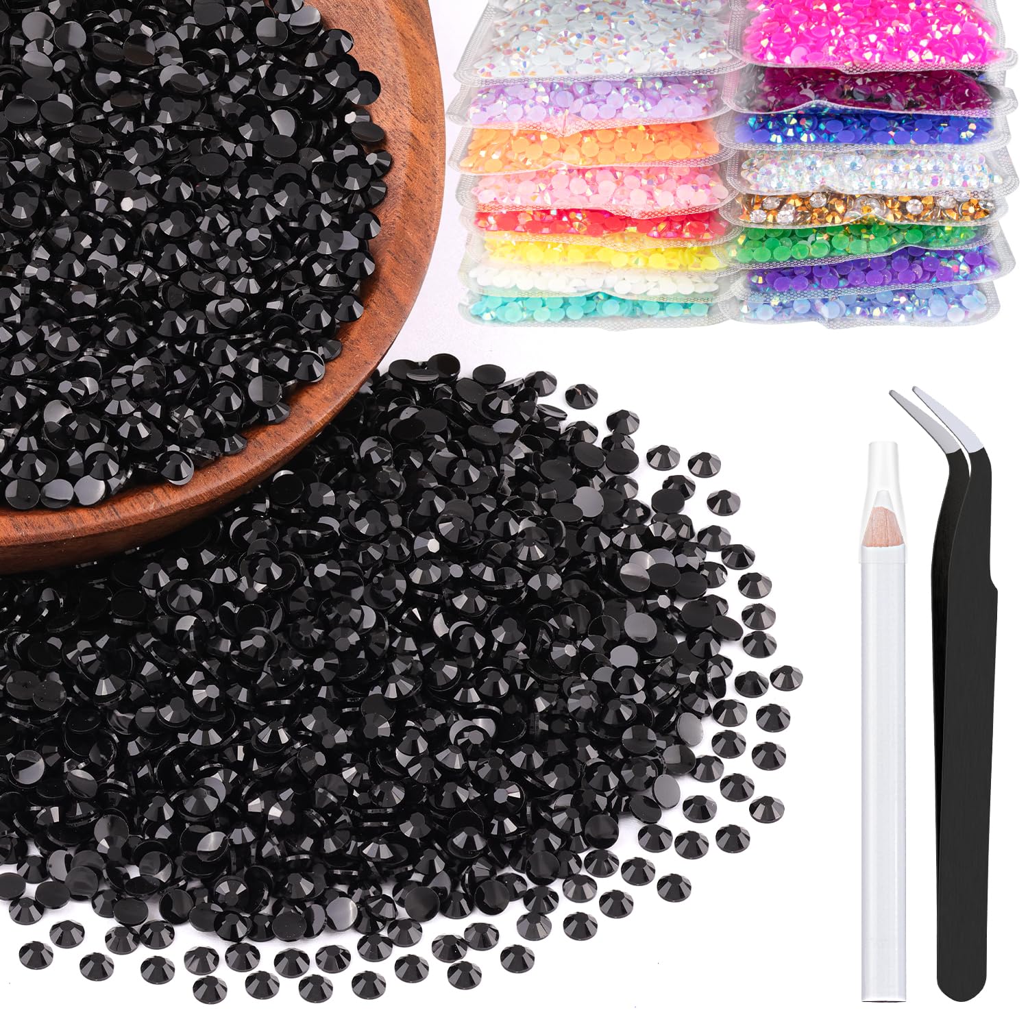 BELLEBOOST front packaging showing 5000 black 2mm rhinestones and tools for easy organizing