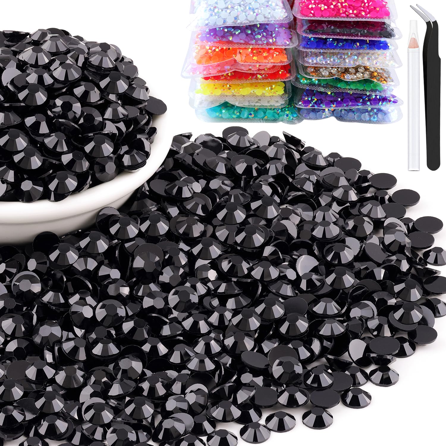 BELLEBOOST front packaging showing bulk black rhinestones and included tools for quick project starts