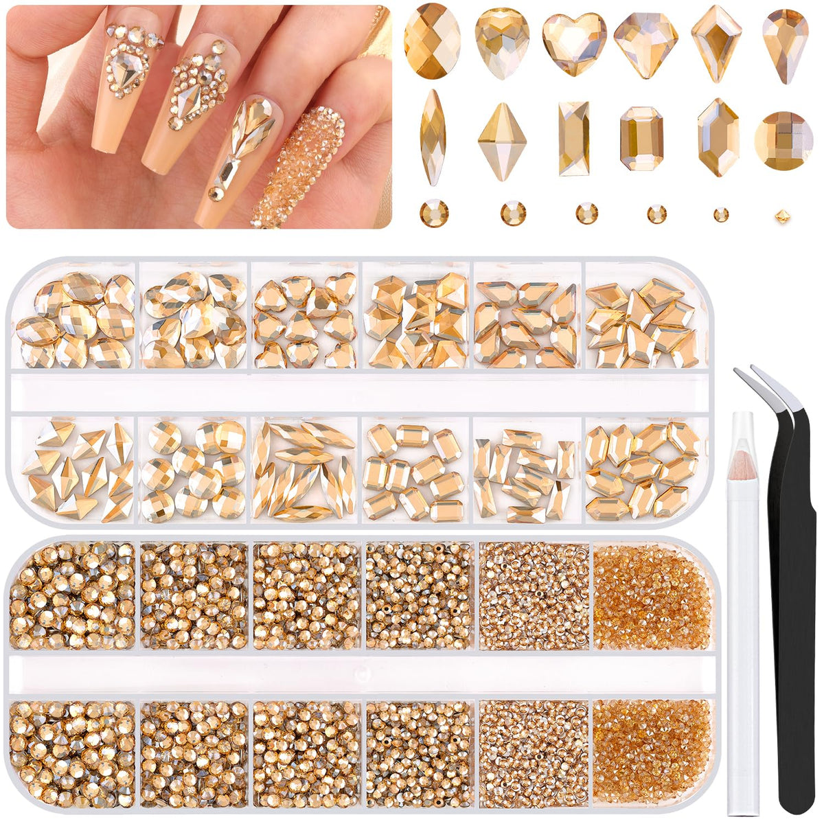 BELLEBOOST front packaging showing full champagne gold rhinestone kit and contents for convenience