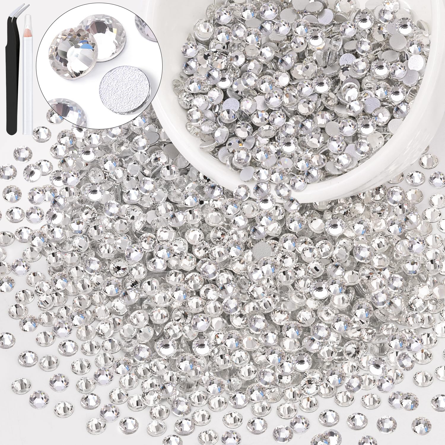 BELLEBOOST front packaging showing 3000pcs clear rhinestones and included tools for convenience