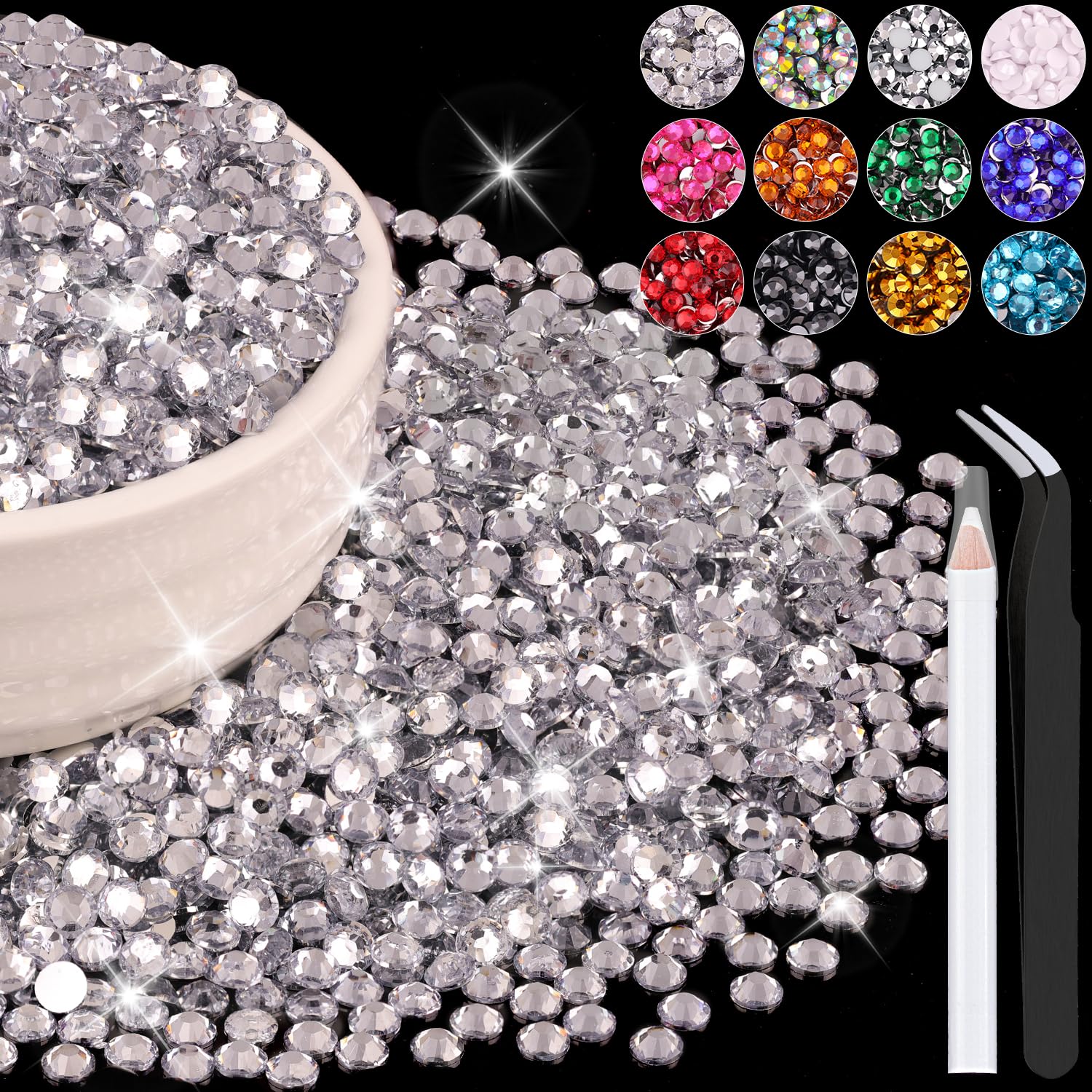 BELLEBOOST front packaging showing 6000 clear rhinestones and included tools, convenient bulk supply