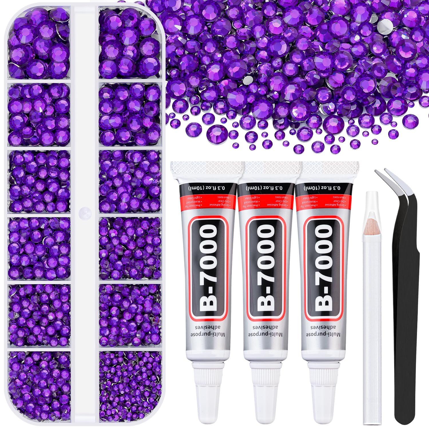 BELLEBOOST front packaging showing dark purple rhinestone kit and accessories, organized storage benefit