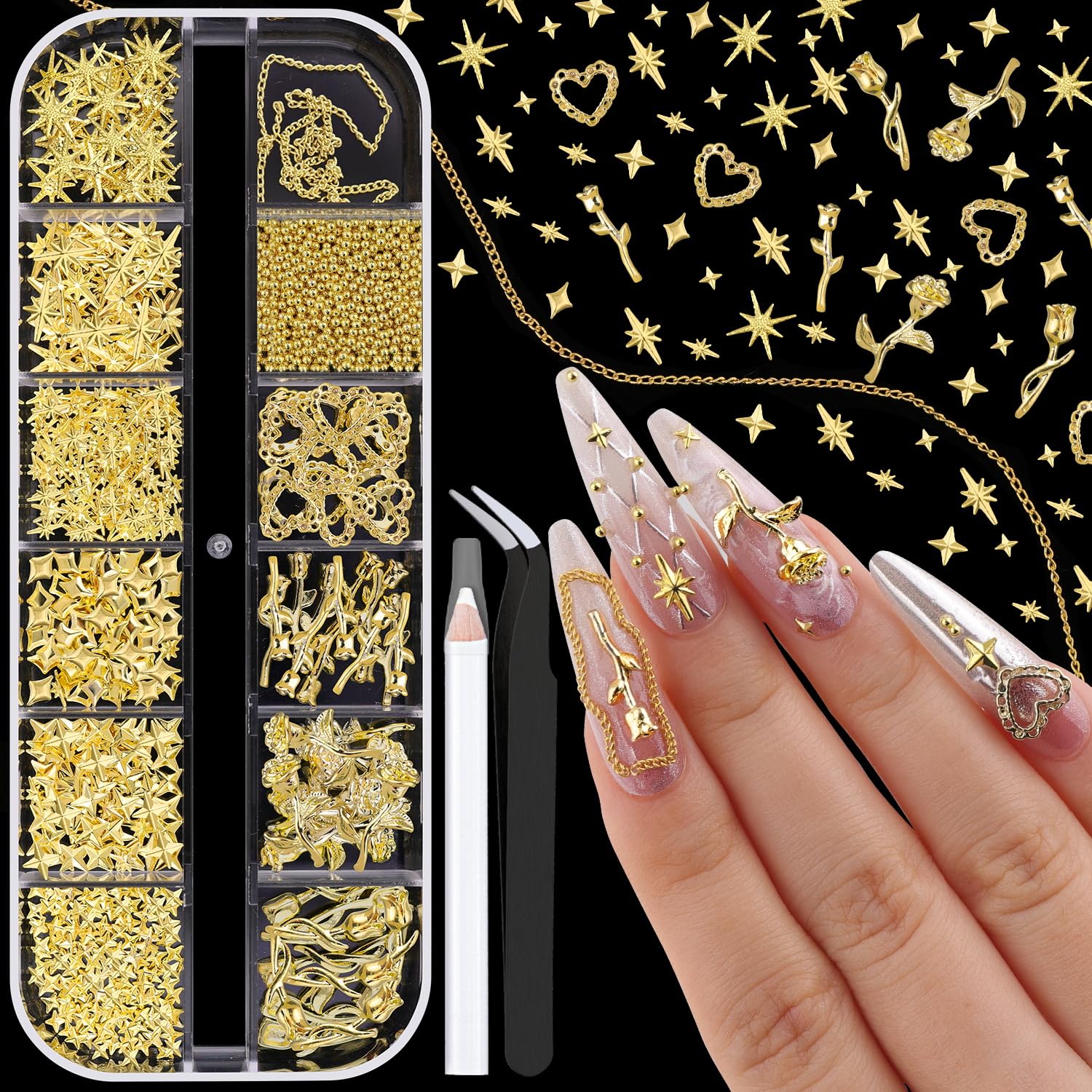 BELLEBOOST front packaging showing full gold charms kit and tools for instant styling