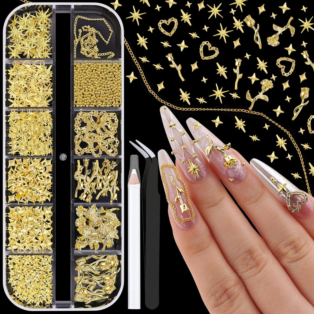 BELLEBOOST front packaging showing full gold charms kit and tools for instant styling