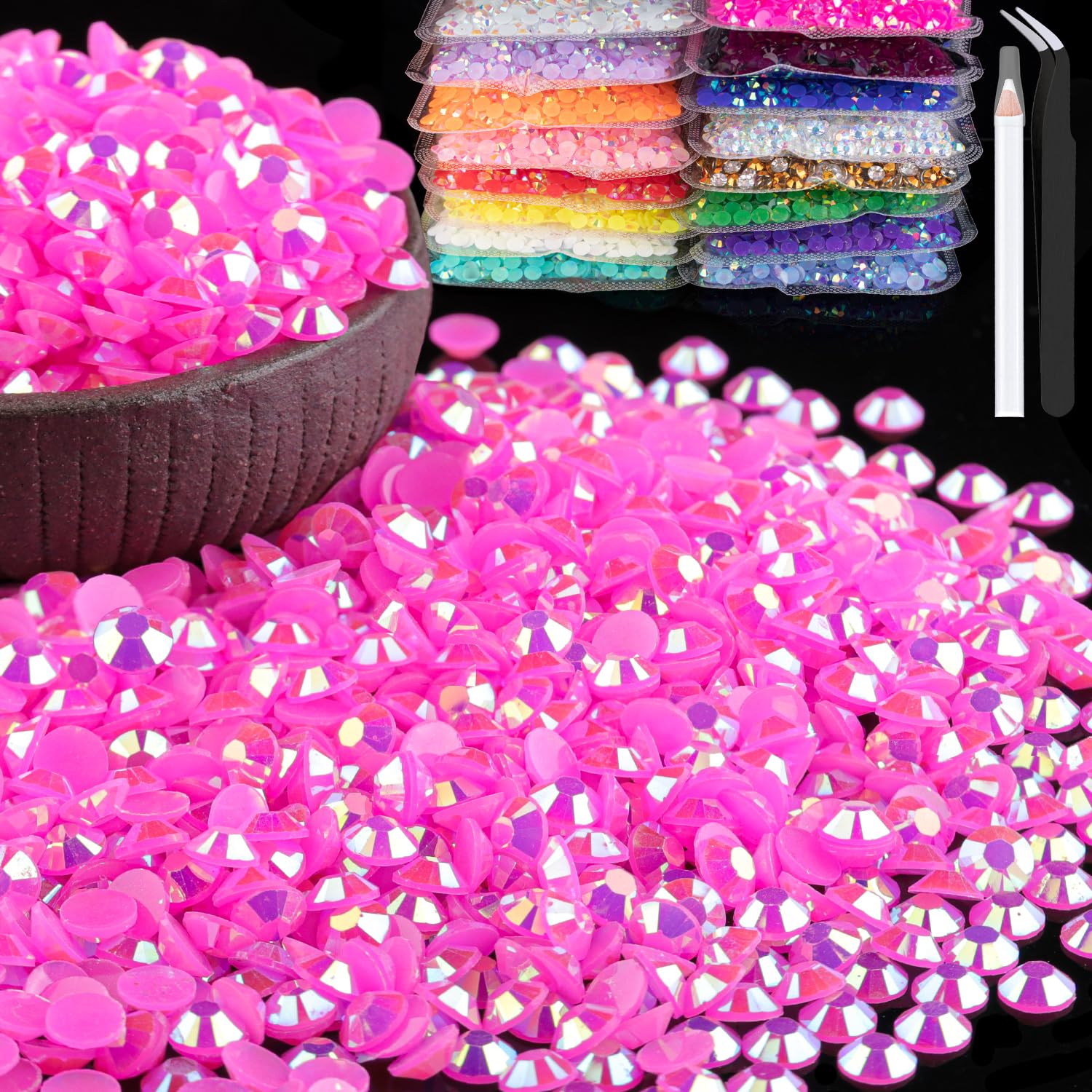 BELLEBOOST front-packaging showing 8000 hot pink AB rhinestones and tools for easy setup