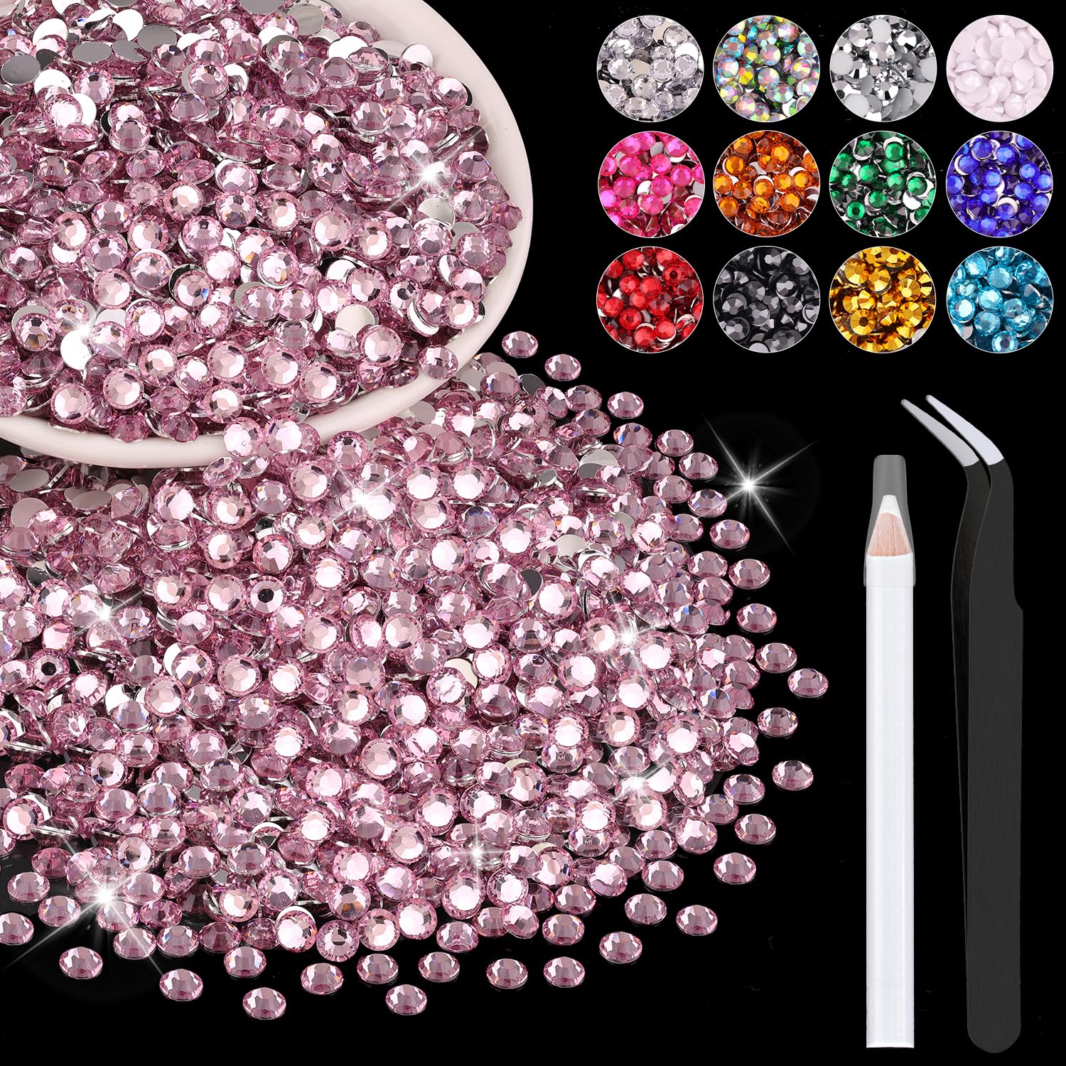 BELLEBOOST front packaging showing 5000 light pink rhinestones and tools for organized crafting