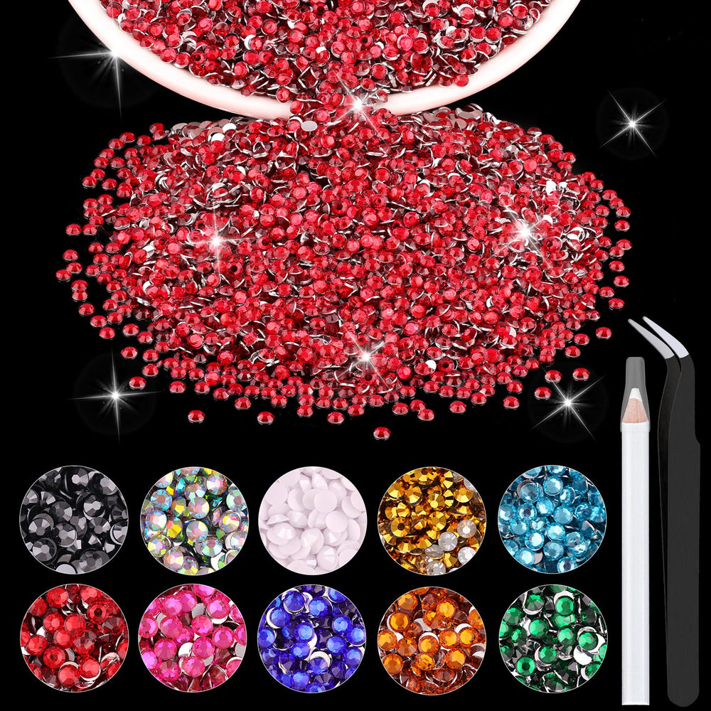 BELLEBOOST front packaging showing 5000 red rhinestones and included tools, convenient bulk supply