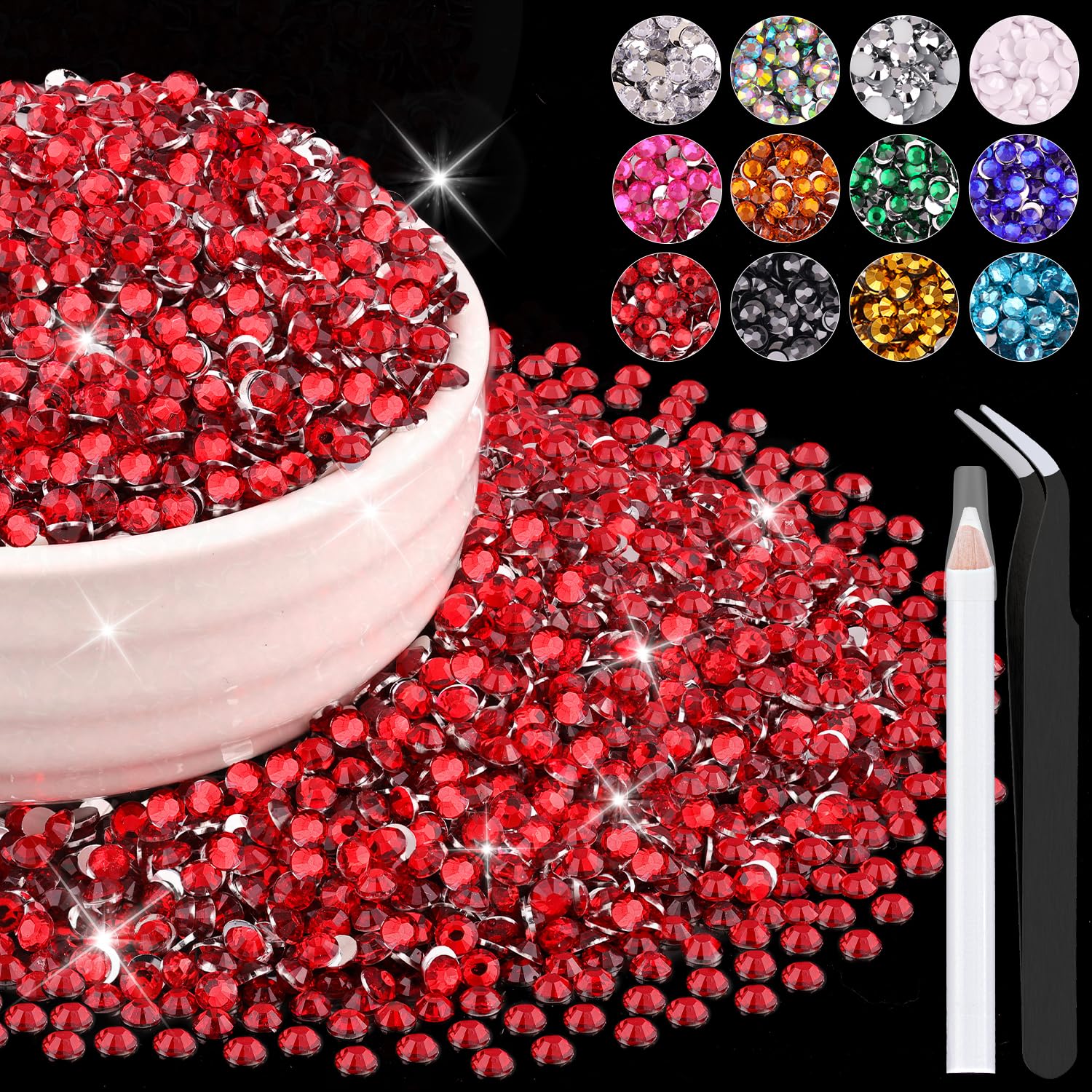 BELLEBOOST front packaging of red 3mm rhinestones showing included tools and volume benefits