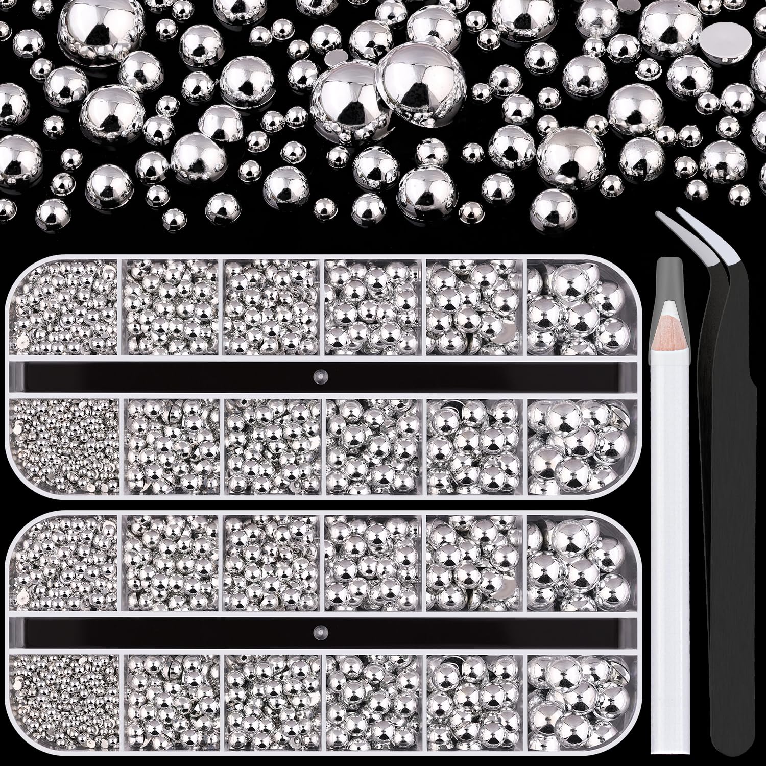 BELLEBOOST front packaging showing two boxes of silver pearls with tools, convenient storage